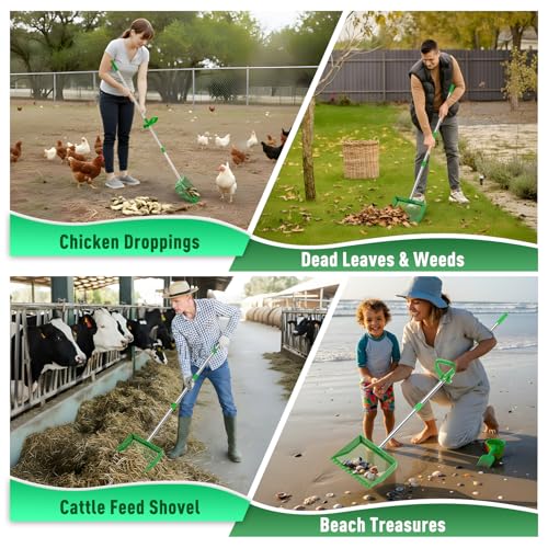 Large Chicken Poop Scooper: 2-in-1 Metal Pooper Scooper & Rake Adjustable 62" Long Handle Stainless Steel Sand Sifting Litter Shovel Chicken Coop Scoop Cleaning Tool for Goat Yard Bright Green - color: Bright Green