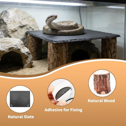 Reptile Tank Accessories, Slate Basking Platform with Wooden Pile, Snake Hideout, Hide Cave for Bearded Dragons, Geckos, Ball Pythons, Tortoise and Other Small Animals