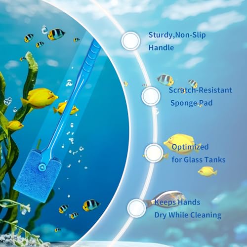 Promising Aquarium Cleaning Brush, Double Sided Sponge Fish Tank Scrubber | Non-Slip Handle Algae Cleaner Tool with 3 Replacement Pads for Aquariums and Fish Tanks, Easy Aquarium Maintenance