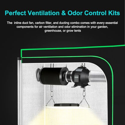 Air Filtration Kit, 4" 190 CFM Inline Duct Fan with E12 Speed Controller, 6.6 Ft Ducting & Rubber Coupler, Ventilation Exhaust Fan for Cooling Booster, Grow Tents, Hydroponics - size: 4"+Ducting