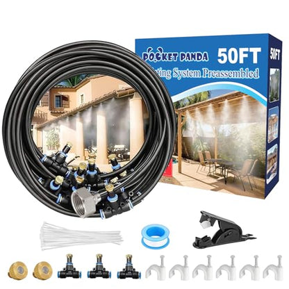 Pre-Assembled Misters for Outside Patio,Outdoor Misting System,50FT|15M. | Backyard Water Cooling Mist Kit for Garden,Greenhouse,Deck,Umbrella,Canopy,Pool,Porch.Trampoline Sprinkler,Party Accessories - size: 50FT-Pre