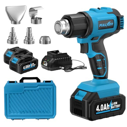 FULLYEA Heat Gun Cordless, Max 1022°F (550°C), Hot Air Gun Kit with 2x4.0Ah Batteries & 5 Nozzles, Lightweight Portable, Battery Heat Gun for Shrink Tubing, PVC Wrap, DIY Craft (Blue)