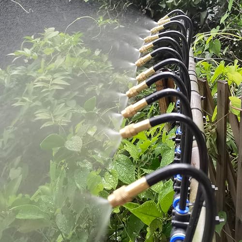 Upriver 15 Pcs Brass Misting Nozzles Tee with 8 Inch Built in Hose for 1/4"/6mm Tubing, 360° Rotation Adjustable Water Mister Nozzle Thread Sprayer for Garden Watering System - size: 1/4in/6mm