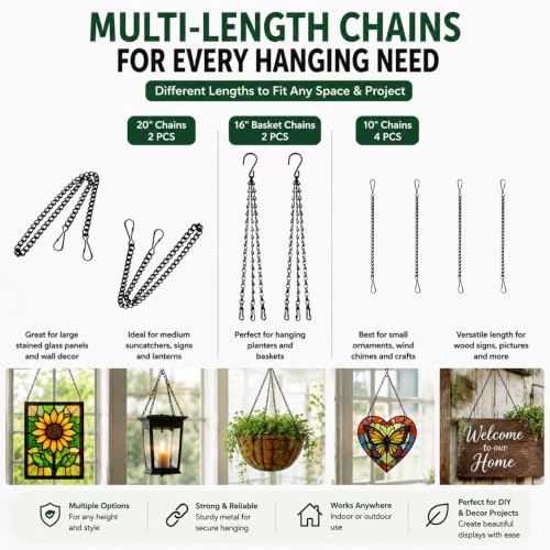 Stained Glass Hanging Chain Kit, 9 Black Metal Chains & 8 Hooks | Multi-Length Hanging Hardware for Stained Glass Panels, Suncatchers, Picture, Wood Signs, Plant Hangers & DIY Home Decor