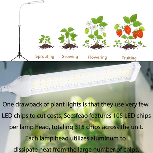 Secefeao105 LED Grow Lights for Indoor Plants Full Spectrum, LED Plant Light with Stand, Adjustable Height, Plant Grow Lights with Auto 4/8/12/H Timer for Indoor Tall Plants(105 LEDs)