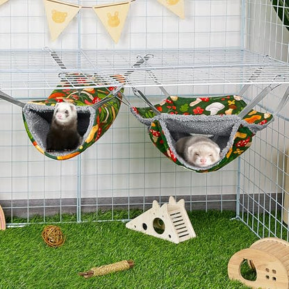 Bienbee 2 Pcs Ferret Rat Hammock Set for Cage Washable Guinea Pig Hideout Bed Soft Small Animal Hammock Tunnel Toys Ferret Cage Accessories for Hedgehog Sugar Glider Squirrel Hamster, Green Mushroom