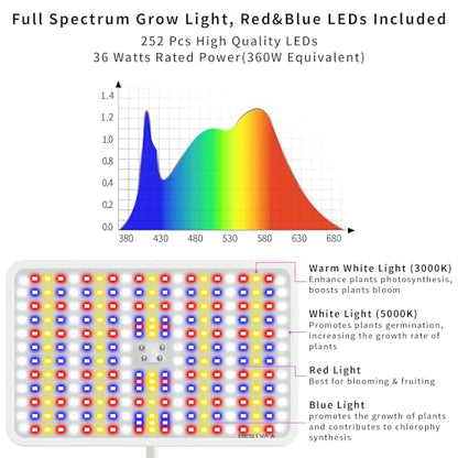 36W Grow Lights with Stand, Full Spectrum LED Plant Light, 12-59 Inch Height Adjustable Growing Lamp with Auto On/Off Timer 4H/8H/12H, 4 Dimmable Brightness | 252 LEDs Full Spectrum Plants Growing Light, 12-60" Height Adjustable Floor/Desk Lamp, 4 Dimmabl