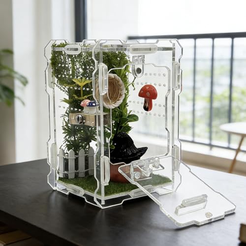 Jumping Spider Enclosure Kit - Acrylic Habitat with Magnetic Lock & Feeding Port - 5.1x3.1x3.1 inch Ventilated Terrarium for Small Pets, Jumping Spiders, Tarantula Slings, Beetles