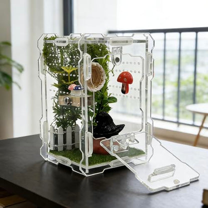 Jumping Spider Enclosure Kit - Acrylic Habitat with Magnetic Lock & Feeding Port - 5.1x3.1x3.1 inch Ventilated Terrarium for Small Pets, Jumping Spiders, Tarantula Slings, Beetles