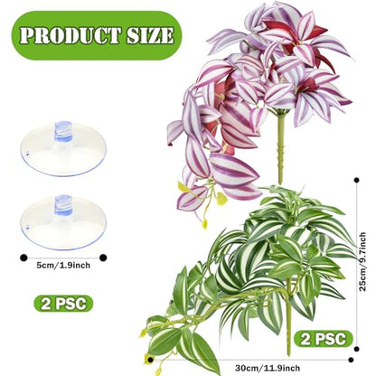 QUOZUO 2 Pack Reptile Plants, Artificial Hanging Plants with Suction Cups, Habitat Decor Plastic Vines Decorations for Bearded Dragons Lizards Snake Geckos Frogs -Purple and Green