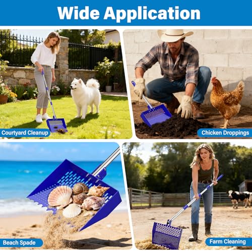 12-Inch 2-in-1 Chicken Poop Scooper & Rake, Chicken Coop Scoop with Adjustable Stainless Steel Handle （24–64"）, 3 Angles & 2 Sifting Holes, Litter Scoop Sand Sifting Shovel Pooper Scooper (Blue) - color: Blue