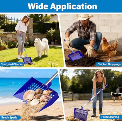12-Inch 2-in-1 Chicken Poop Scooper & Rake, Chicken Coop Scoop with Adjustable Stainless Steel Handle （24–64"）, 3 Angles & 2 Sifting Holes, Litter Scoop Sand Sifting Shovel Pooper Scooper (Blue) - color: Blue