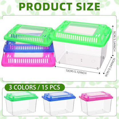 LemonRoad 15 Pcs Plastic Reptile Terrariums Carrier Cage Enclosure Snake Breeding Box Hatching Container Transparent Fish Tank with Ventilated Lid for Tarantula Spider Turtle Lizard (5.1x3.5x3.5 Inch)