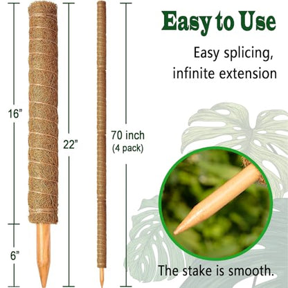 4 Pack 22 Inch Moss Poles, Stackable Moss Pole for Plants Monstera, 70 Inch Tall Moss Poles for Climbing Plants Indoor, Coir Totem Plant Support Stakes Stand for Potted Plants, Pothos - size: 4 pack 22in