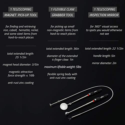 NoCry Premium Telescoping Magnetic Pickup Tool Set — Includes a 36in Flexible Claw Grabber Pickup Tool, a Magnet on a Stick with 16lb Pull Force, and a Magnetic Storage Tray - style: Set C - Mirror, Claw and Pick-up