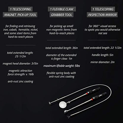 NoCry Premium Telescoping Magnetic Pickup Tool Set — Includes a 36in Flexible Claw Grabber Pickup Tool, a Magnet on a Stick with 16lb Pull Force, and a Magnetic Storage Tray - style: Set C - Mirror, Claw and Pick-up