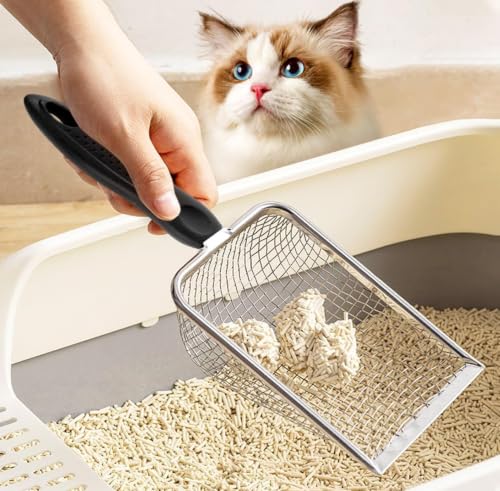 1Pc Stainless Steel Cat Litter Scoop, Fine Mesh Pet Sand Sifter Shovel | Small Hole Mesh Scooper with Comfort Handle,Suitable for Bentonite Sand, Cat, Reptile,Quail Terrarium Waste Cleaning