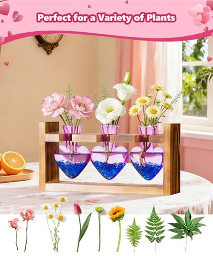 Nacome Plant Terrarium with Wooden Stand, 3 Heart Bulb Glass Vases | Wooden Stand Tabletop for Air Planter, Gifts for Mom Plant Lovers Mom Women Wife Grandma - color: Purple