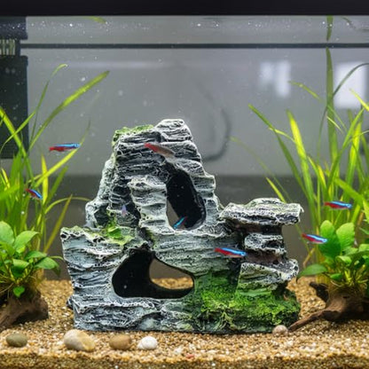 Resin Aquarium Mountain Decor with Moss Rock Cave - Multi-Level Terrain for Fish Tank Landscaping, Natural-Looking Rockery Design with Hidden Cave and Crevices for Shrimp, Reptile Habitat Aquascaping