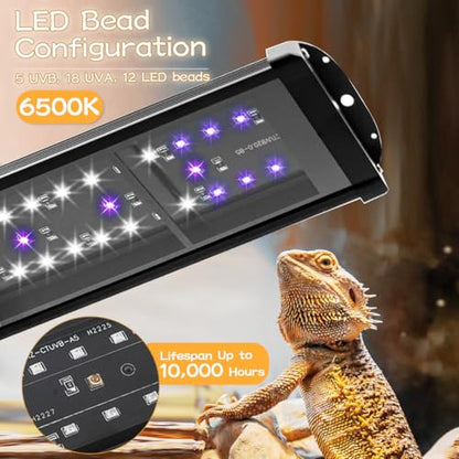 LED UVB Reptile Light with Timer & Dimmer, Adjustable 10.0-20.0 UVA UVB Fixture, Full Spectrum Sunlamp for Bearded Dragons, Turtles, Snakes, Desert & Tropical Habitats, 11-Inch - size: 11 Inch