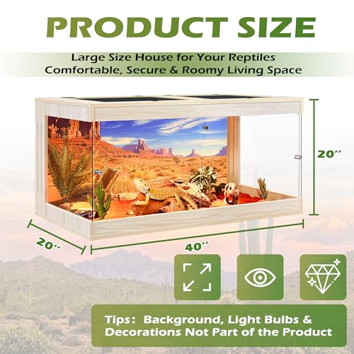 Royxen Bearded Dragon Tank, 64 Gallons Tempered Glass Reptile Terrarium with Metal Mesh Top, 3-Side Clear Anti-Scratch Glass Lizard Tank for Reptile Habitat (Oak, 40" Length) - color: Oak, size: 64Gal,40x20x20inch