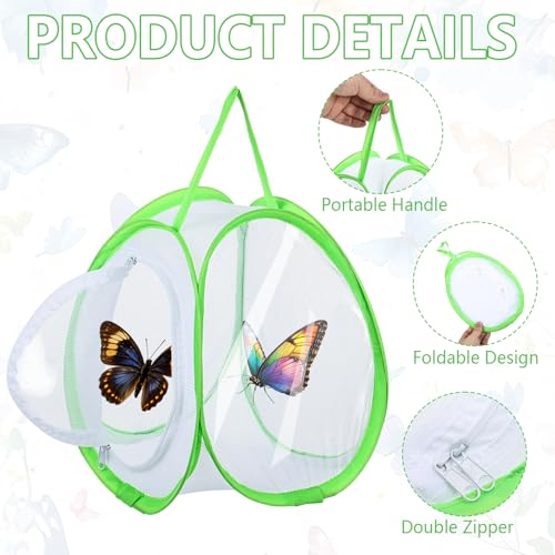 3 PCS Mini Butterfly Habitat Cage Foldable Insect Mesh Cage with Handle & Zipper Portable Butterfly Net Habitat Bug Terrarium for Transporting and Raising Critter Cage Easy to Observe, 10x 8.8x8Inch