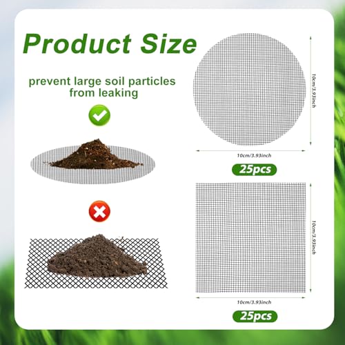 50pcs Flower Pot Hole Mesh Pad, 4 Inch Round/Square Flower Pot Mesh Screen Bonsai Bottom Drainage Grid Mesh Plant Pot Screen Mesh Mat for Garden Potted Plants to Prevent Soil Loss