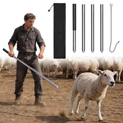 Goat Catcher Hook, Heavy Duty Shepherd Crook, 32-79" Adjustable | 304 Stainless Steel Sheep Leg Hook with Smooth Ball Tip, Livestock Grabber Tool for Ranch Farm, Storage Bag Included