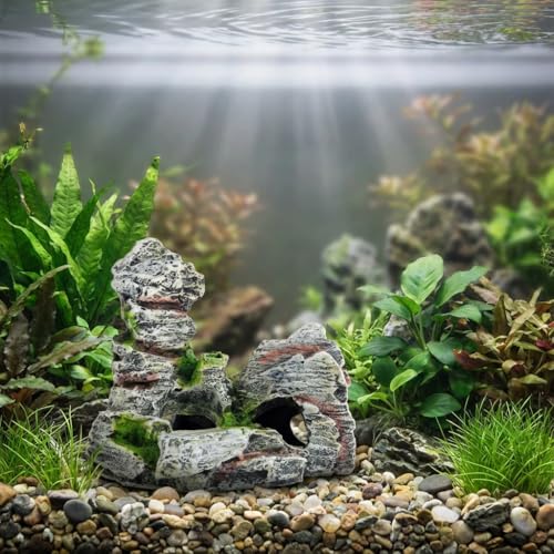 Resin Aquarium Stone Cave with Artificial Moss – Natural Rock Mountain Ornament for Fish Tank, Shrimp & Betta Hiding, Reptile Habitat Decoration, Small Landscape Terrain Accessory for Aquatic Decor（B）