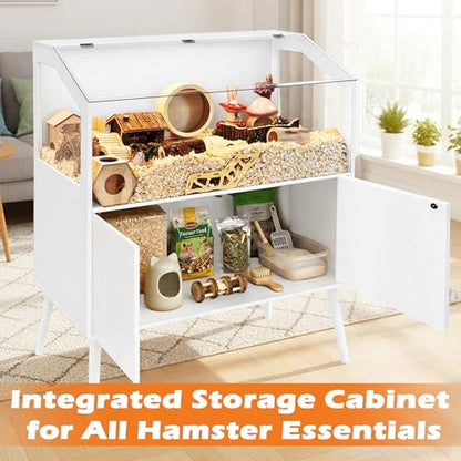 PROLEE Hamster Cage with Storage Cabinet,Large Hamster Encloure Chew Proof Wood,Clear View Hamster Habitat for Guinea Pig, Ferret, Rat, Hedgehog, 40" L x 20" W x 47" H (White) - color: White