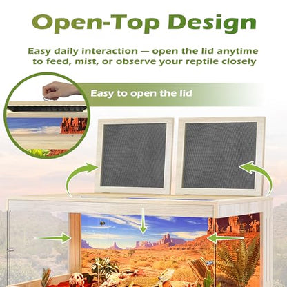 Royxen Bearded Dragon Tank, 82 Gallons Tempered Glass Reptile Terrarium with Metal Mesh Top, 3-Side Clear Anti-Scratch Glass Lizard Tank for Reptile Habitat (Oak, 48" Length) - color: Oak, size: 82Gal,48x20x20inch