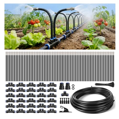 100-FT1/2-inch Tubing High-Flow Adjustable Irrigation System for the Garden | with 60 Nozzles, Dual-Side Watering Kit For Garden, Yard,Lawn,Raised Beds, Greenhouses & Efficient Plant360° Irrigation - size: 100Ft