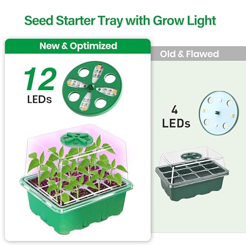 Seed Starter Trays with 12-LED Grow Lights, Green, 5 Pack | 5 Seed Starter Kits, 60 Cells, 12-LED Grow Light per Tray, Vented Humidity Domes, Drainage Holes, 1-to-5 USB Cable - color: Green, size: 5 Packs