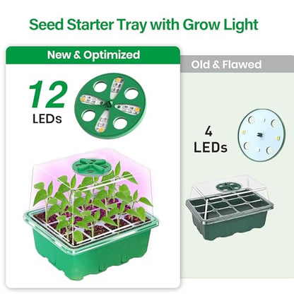 Seed Starter Trays with 12-LED Grow Lights, Green, 5 Pack | 5 Seed Starter Kits, 60 Cells, 12-LED Grow Light per Tray, Vented Humidity Domes, Drainage Holes, 1-to-5 USB Cable - color: Green, size: 5 Packs