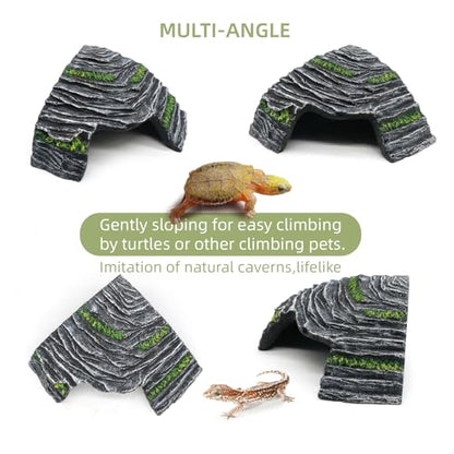 Small Turtle Basking Platform Climbing Ramp Shale Scape Step Ledge, Reptile Cave Hideout Aquarium Tank Accessories Decorations, Great for Reptiles, Amphibians, Leopard Gecko, Frogs - style: Small-4.7 * 4.5 * 2.6