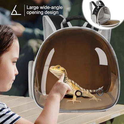 Bearded Dragon Travel Backpack with Harness and Leash Set,Lizard Backpack Travel Carrier,Space Capsule Clear Bubble Window Astronaut Reptile Carrier Backpack, Airline Approved - color: Black/Brown