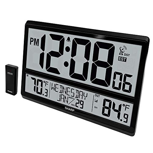 Sharp Atomic Clock with 4-Inch Display, Outdoor Sensor, Battery Powered | 4-inch numbers; Self-setting atomic time; Indoor/outdoor temperature; Wireless sensor; Battery powered; Easy setup