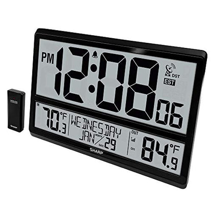Sharp Atomic Clock with 4-Inch Display, Outdoor Sensor, Battery Powered | 4-inch numbers; Self-setting atomic time; Indoor/outdoor temperature; Wireless sensor; Battery powered; Easy setup