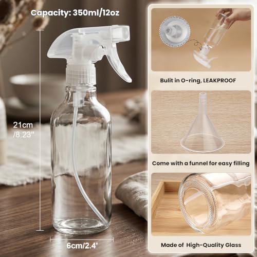 12oz Glass Spray Bottles 2 Pack, 360° Any-Angle Spraying | Refillable Leak-proof Bottles with Adjustable Nozzle; Ideal for Cleaning, Essential Oils, Plants & Hair Care - color: Clear