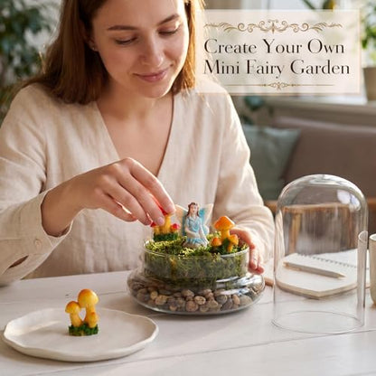 Hushee 5 Pack Decorative 1 Glass Cloche Dome 8.2'' x 5.9'' with 3 Mushroom & 1 Fairy Figurines Closed Mini Terrarium Glass Cloche with Base for Desk Small Plant Indoor Miniature Tabletop - No Plants - size: 8.2'' X 5.9''