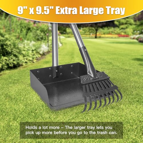 Larger Pooper Scooper for Large Dogs Long Handle Stainless Metal | Dog Pooper Scooper for Large Medium Small Dogs Tray and Rake Set Heavy Duty - size: 2. Rake + Extra Large Tray