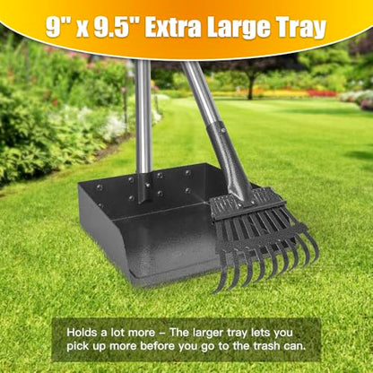 Larger Pooper Scooper for Large Dogs Long Handle Stainless Metal | Dog Pooper Scooper for Large Medium Small Dogs Tray and Rake Set Heavy Duty - size: 2. Rake + Extra Large Tray