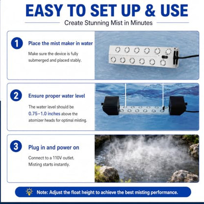 Ultrasonic Mist Maker Fogger 12 Heads, 9000ml/H 400W Pond Fogger with Float, IP67 Waterproof Power Supply, 304 Stainless Steel Ultrasonic Mister with Auto Shut-Off for Pond,Fountain,Garden,Halloween - size: 12 HEAD