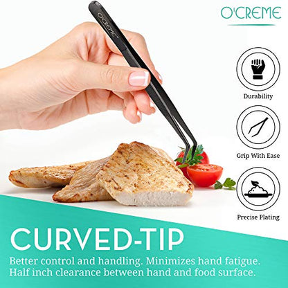 O'Creme Stainless Steel Precision Kitchen Culinary 8 Inch Tweezer Tongs (8" Curved, Silver) - color: Silver, size: 8" Curved