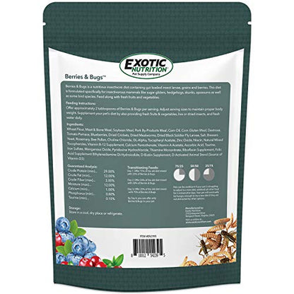 Berries & Bugs 1.5 lb - All Natural High Protein High Fiber Food for Hedgehogs, Skunks, Opossums, Sugar Gliders - Universal Insectivore Diet with Fruit, Gut-Loaded Insects, & Healthy Vitamins - size: 1.5 Pound (Pack of 1)
