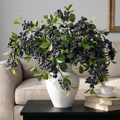 4Pcs 33"Artificial Blueberry Fruit Stems Berry Branch for Vase Decor(Blue) | Lifelike Blueberries Fruit Branch, Realistic Fake Flower Picks, for DIY Bouquet/Kitchen/Table Centerpiece/Shower/Home Decor