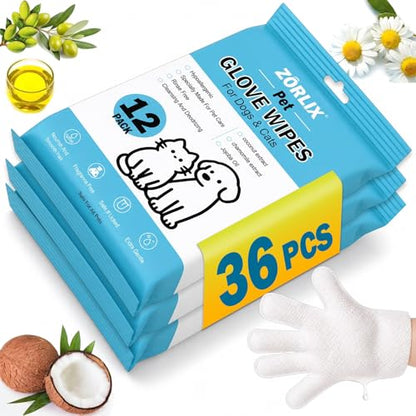 36Pcs Hypoallergenic Pet Glove Wipes for Dogs & Cats | Deodorize & Hydrate Fur Grooming Gloves for Paws, Face, Ears & Butt, Daily Care Between Baths & Travel - size: 36PCS
