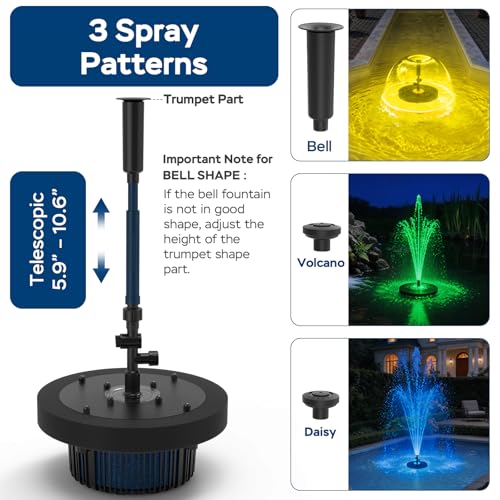 Floating Pond Fountain Pump with Lights | Remote Control RGB LED | 880GPH Pond Fountain Aerator | Floating Fountain with 3 Spray Patterns | for Ponds, Pool, Water Garden - size: For Ponds up to 8000 Gallon