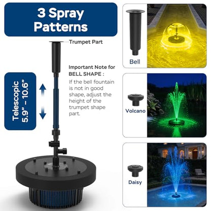 Floating Pond Fountain Pump with Lights | Remote Control RGB LED | 880GPH Pond Fountain Aerator | Floating Fountain with 3 Spray Patterns | for Ponds, Pool, Water Garden - size: For Ponds up to 8000 Gallon