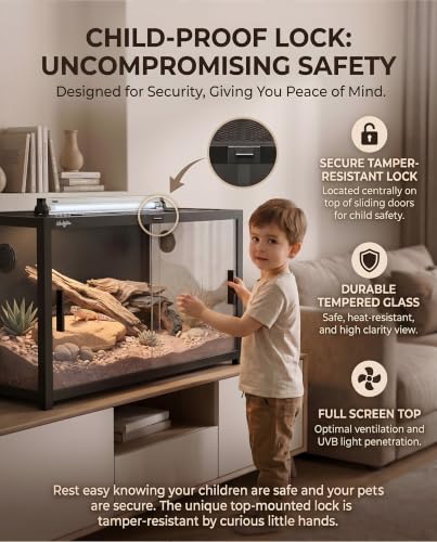 48 Gallon Reptile Tank, Gecko Reptile Enclosure Front Sliding Door | Stackable ventilation Gecko reptile terrariums Tank anti-escape locks and no-fingerprint handles humidification atomization - color: Black, size: 48 Gallon